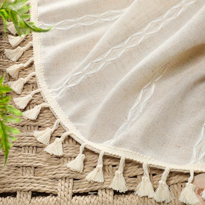 Boho Blackout Curtains 2 Panels 84 Inch for Living Room Bedroom, Beige Linen Texture Farmhouse Curtains with Tassels and Cotton Embroidery Vintage Rustic Western Rod Pocket