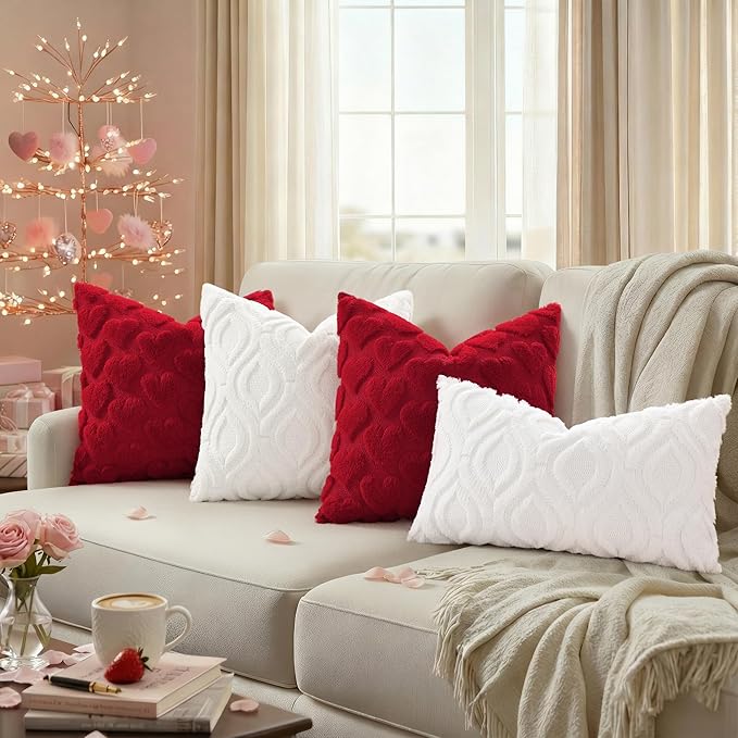 decorUhome Valentine’s Day Soft Plush Throw Pillow Covers 18x18 Inch Set of 2, Faux Fur Red Heart Decoration Neutral Square Pillow Covers for Couch Sofa Bed Cozy Farmhouse Holiday Decor