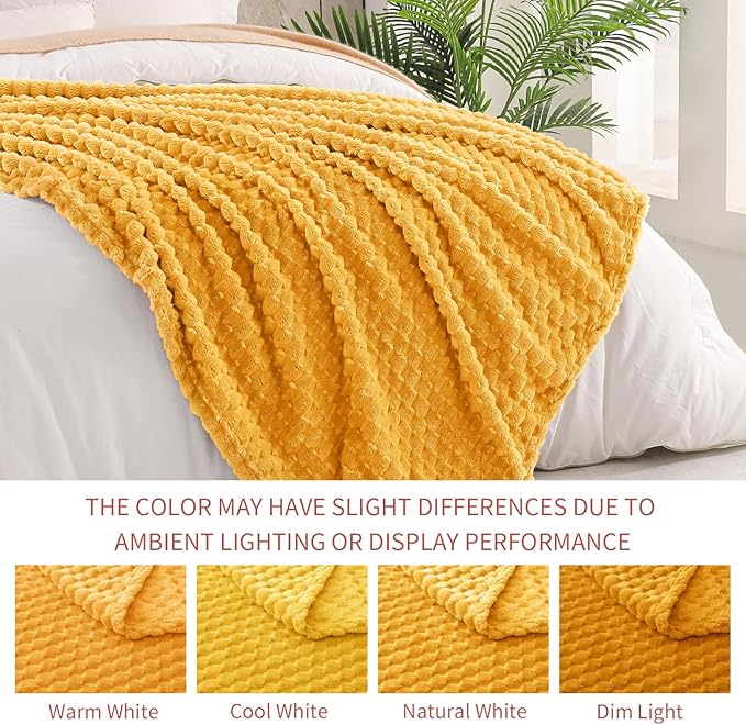 Exclusivo Mezcla Fleece Queen Blanket for Bed, Extra Large Fuzzy Mustard Yellow Bed Blankets, Soft Cozy Plush Sofa Throws for All Seasons, 90x90 Inches
