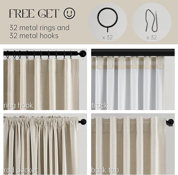 Topfinel Linen Blackout Curtains 86 Inches Long for Bedroom 2 Panels Set 100% Blackout Drapes for Living Room Window Treatment Modern Farmhouse Back Tab Rod Pocket Beige White Drapes