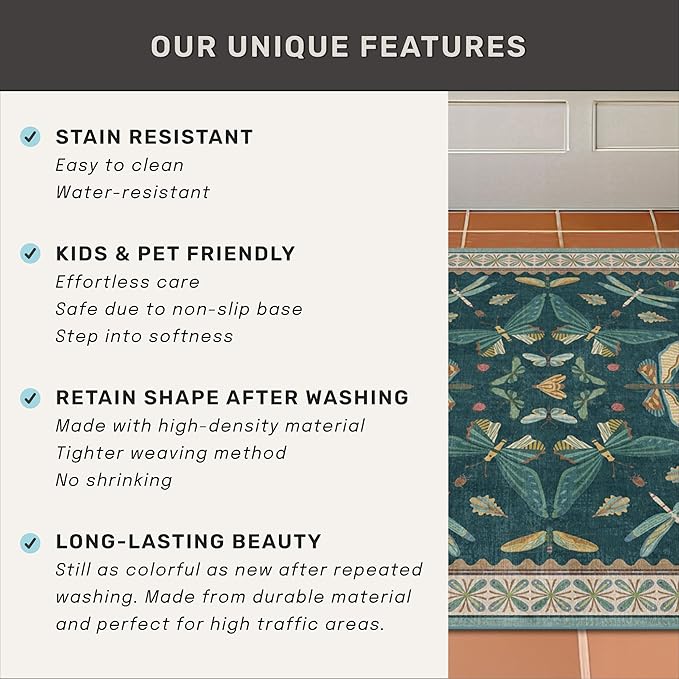 Hazo Haus Brown and Green Kitchen Sink Runner Rug 2x6 - Teal Boho Bathroom Rugs for Entrance Indoor, Insect Print Floral Vintage, Washable Non Skid Stain Resistant