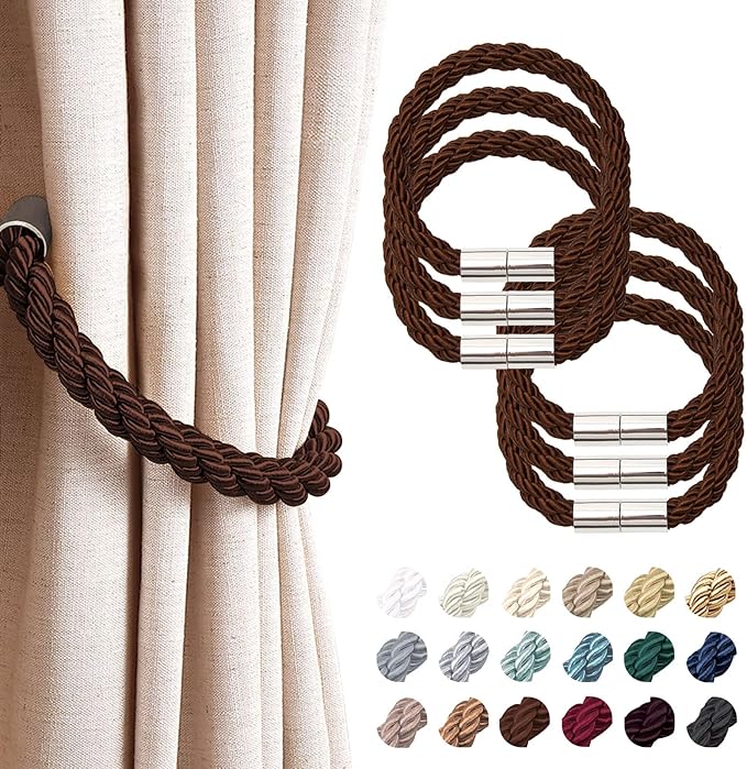 NICEEC 6 Pack Strong Magnetic Curtain Tiebacks Modern Simple Style Drape Tie Backs Convenient Decorative Weave Rope Curtain Holdbacks for Thin or Thick Home & Office Window Draperies (Deep Coffee)