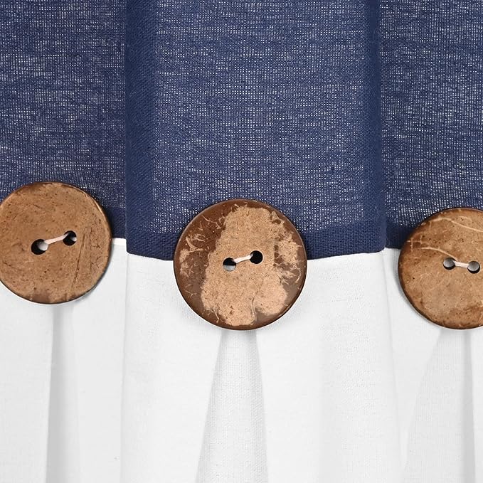 FRAMICS Farmhouse Valance Curtains, Boho Cotton Linen Kitchen Valance, Navy Blue Rustic Button Window Valances for Bathroom Bedroom, Country Rod Pocket Valances for Windows, Semicircular, 52 x 18 Inch
