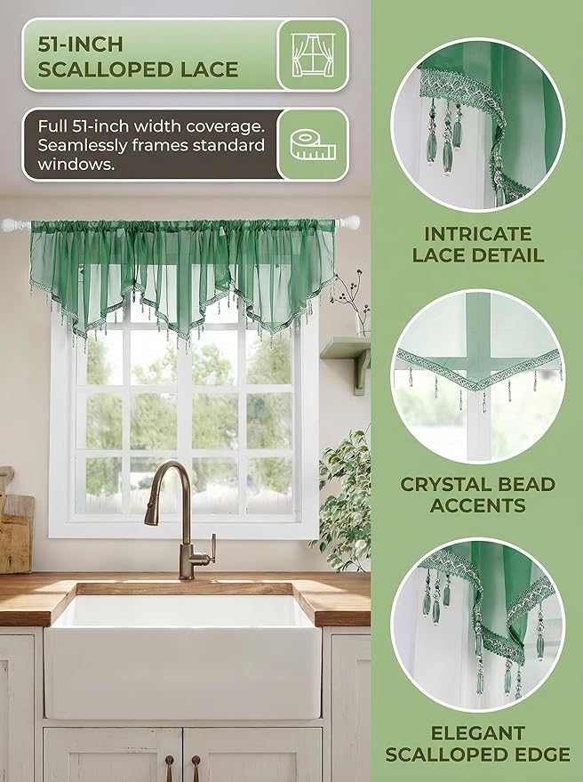 Molaxhome Swag Curtain 51 inch Length Rod Pocket Scalloped Curtain Valance Sheer Lace Panels with Hanging Crystal Beads for Kitchen Bedroom Window Treatments Drape Decor 1pc (DarkGreen, 51Wx23L)