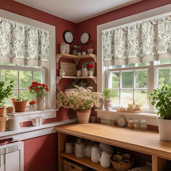 jinchan Linen Valance Kitchen Curtain for Windows Double Layer 16 Inch for Living Room Bedroom Window Treatment Light Filtering Vintage Rustic Farmhouse Cottagecore Rod Pocket 1 Panel Green on Beige