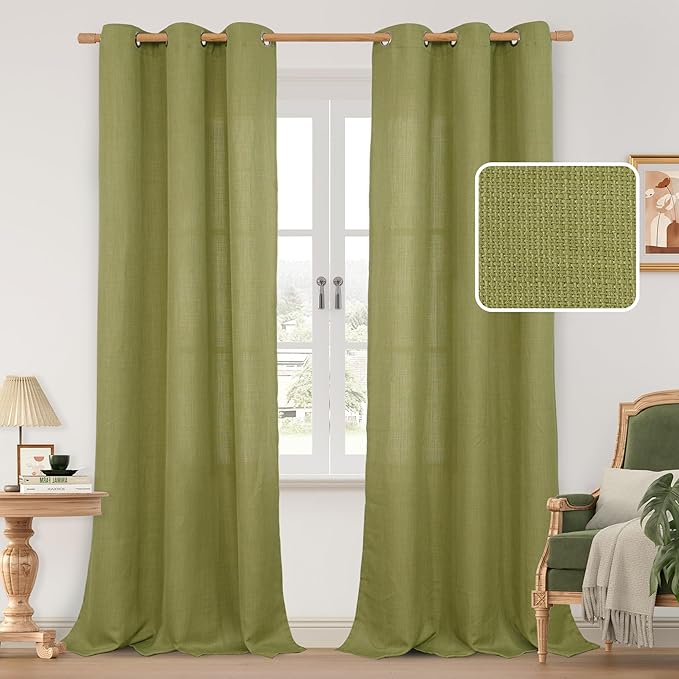 LAMIT Moss Green Linen Curtains for Living Room, 84 Inch Faux Linen Textured Privacy Drapes Grommet Boho Window Panels for Farmhouse/Bedroom, Set of 2 Panels, 38 x 84 Inch