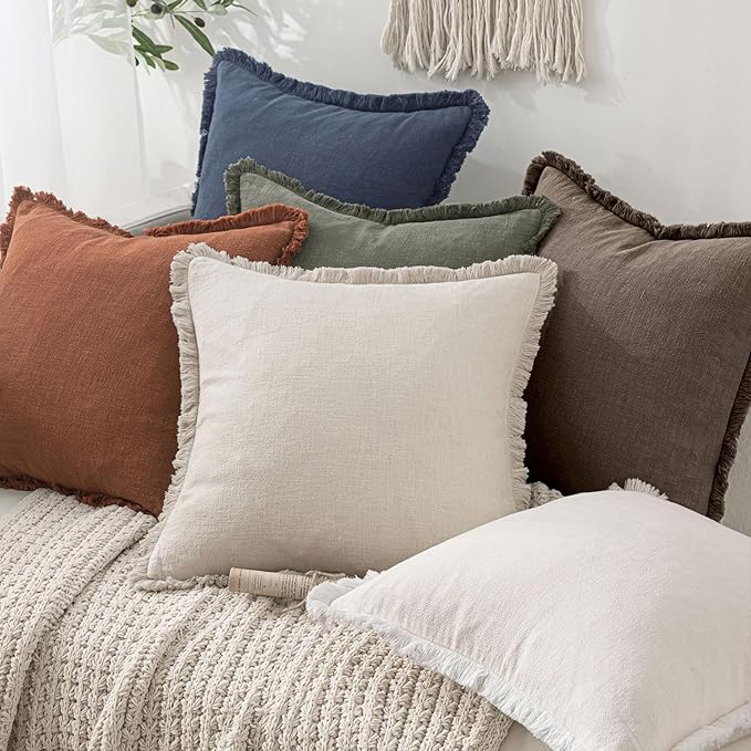 MIULEE Decorative Throw Pillow Covers Neutral Linen Fringe Throw Pillows Euro Shams Set of 2 Natural Coffee Boho Farmhouse Cushion Covers for Couch Sofa Bed Living Room Spring Home Decor 26x26 Inch