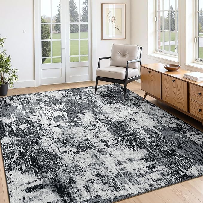 Washable Area Rugs 6'x8' Non-Slip Modern Abstract Soft for Living Room Entryway Bedroom Nursery, Print Pattern, Black Navy Blue Gray