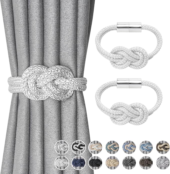 NICEEC 2 Pack Mini Magnetic Curtain Tiebacks Nordic Simple Style Drape Tie Backs Elegant Hand Weave Rope Knot Decorative Curtain Holdbacks for Home & Office Thin Window Drapery (White)