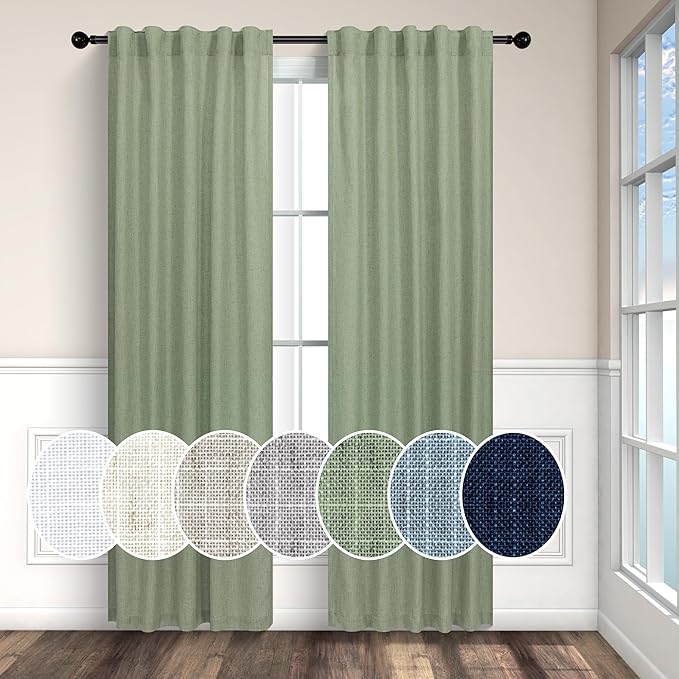 Sage Green Curtains 72 Inch Length for Bedroom 2 Panel Set Rod Pocket Back Tab Drapes Semi Sheer Light Reducing Linen Blend Woven Light Green Curtain for Living Room Dividing Closet Laundry 38X72 Long