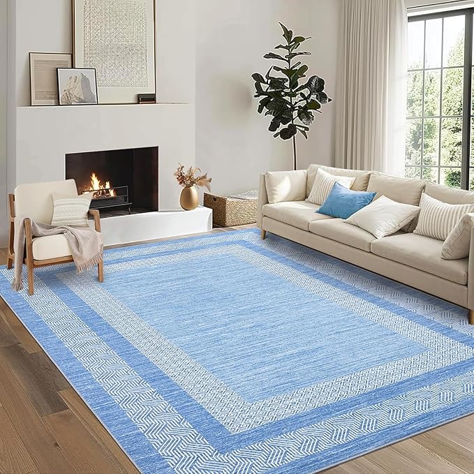 GarveeHome 9x12 Large Modern Light Blue Area Rug Distressed Bordered Soft Non Shedding Floor Carpet, Geometric Washable Non Slip Low Pile Indoor Area Rug for Living Room, Bedroom