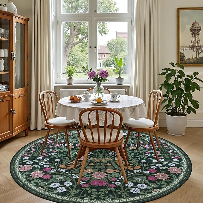 Round Area Rug for Living Room: 4 ft Floral Washable Circle Rug Soft Boho Non-Slip Carpet Indoor Stain Resistant Low Pile Small Circular Rug for Bedroom Entryway Kitchen Nursery Home Office Dark Green
