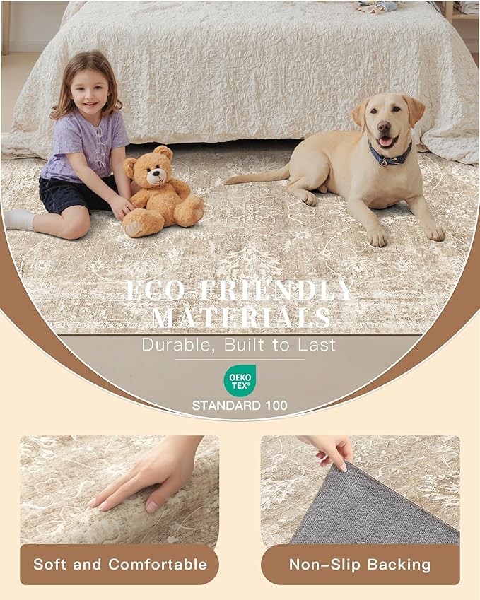 Madane Runner Rug 2x10 for Hallway, Kitchen Non-Slip Runner Rug with Rubber Backing, Vintage Soft Low Pile Throw Neutral Carpet Runner for Laundry Room Entryway Bathroom Bedroom (2 x 10, Beige/Brown)