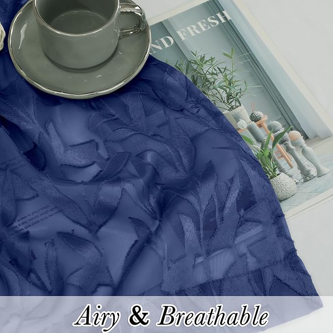 Lecloud Leia Dusty Blue Sheer Curtains 54 Inch Length 2 Panels, Balance Light & Privacy Jacquard Textured Leaf Voile Curtains for Living Room, Dual Rod Pockets Bedroom Short Drapes, 40 W x 54 L