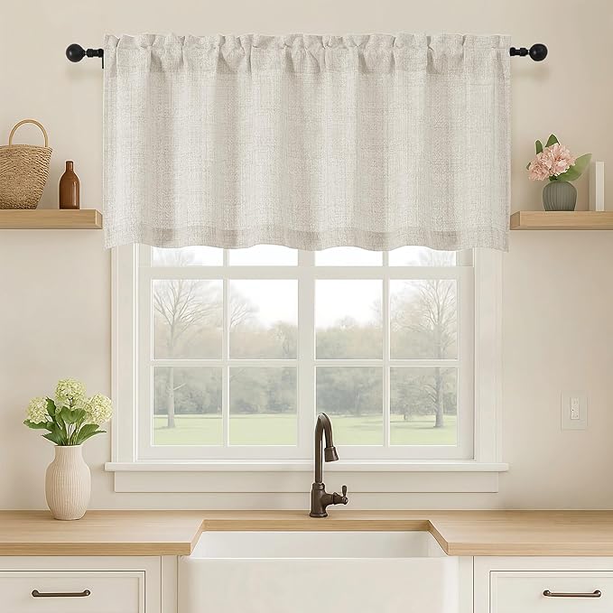 OVZME Natural Valance for Windows, Light Filtering Faux Linen Textured Small Kitchen Valances for Windows, Dual Rod Pocket Farmhouse Short Curtain for Bathroom Basement, 60Wx22L inch, 1 Piece