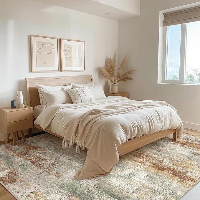 BEIMO Area Rugs 10x14 for Living Room Bedroom, Modern Abstract Machine Washable Rug, Large Soft Low Pile Floor Cover with Non Slip Backing for Dining Room, Orange Green