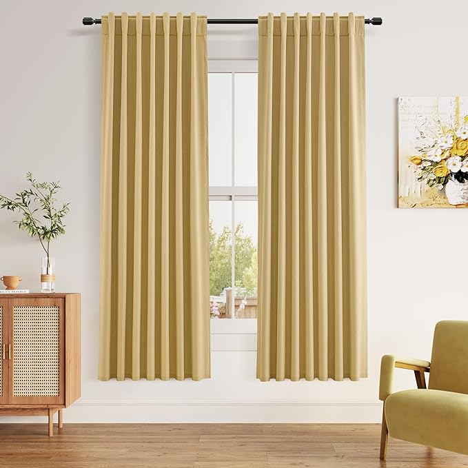Guken 100% Blackout Curtains 72 Inch Length 2 Panels Set for Living Room Bedroom Back Tab Thermal Insulated Black Out Linen Drapes Room Darkening Window Curtains 72 Inches Long,Gold Yellow