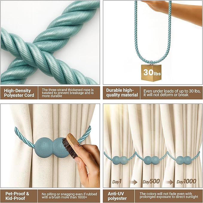 Hion Magnetic Curtain Tiebacks Gray Blue 2 Pack, Curtain Tiebacks Buckles Holdbacks Holders Hooks Clip for Home Bedroom Office Decorative Thick or Thin Curtain