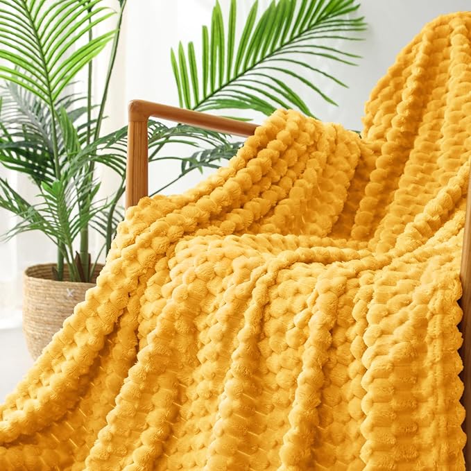 Exclusivo Mezcla Fleece Throw Blanket for Couch, Extra Large Fuzzy Mustard Yellow Bed Blankets, Soft Cozy Plush Sofa Throws for All Seasons, 50x70 Inches