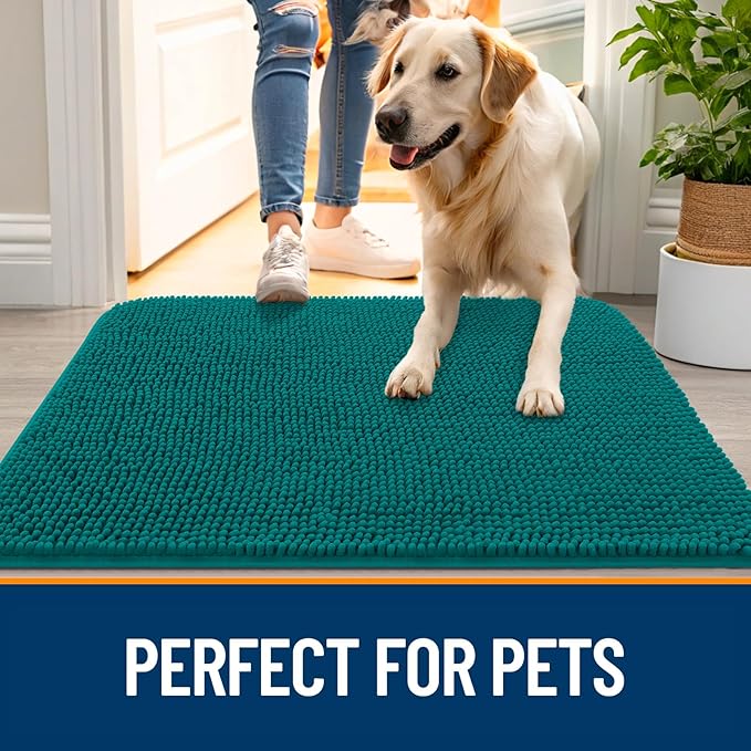 OLANLY Dog Door Mat for Muddy Paws 70x46, Absorbs Moisture and Dirt, Absorbent Non-Slip Washable Doormat, Quick Dry Chenille Mud Mat for Dogs, Entry Indoor Entryway Carpet for Inside Floor, Lake Blue