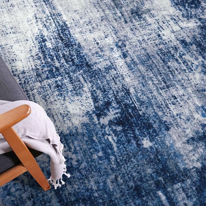 IOHOUZE Abstract Runner Rug 3x14 Ft Washable Runners for Hallways, Non Slip Kitchen Runner Printed Faux Wool Entryway Runner Indoor, Modern Abstract Floor Carpet for Hall Stair, Navy/Grey