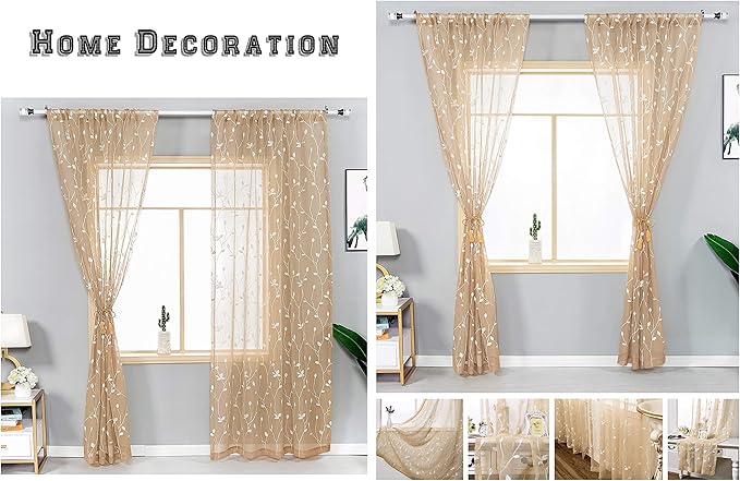 AmHoo 2 Panels Embroidered Leaf Pattern Semi Sheer Curtains Foliage Floral Voile Window Draperies Treatment for Bedroom Living Room Rod Pocket Beige 53 x 84 Inch