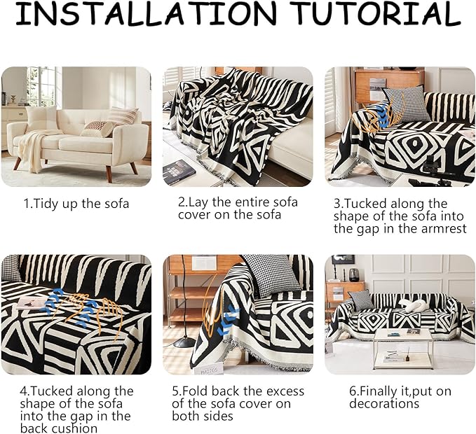 HANDONTIME Armchair Boho Sofa Covers for Dogs - Black & Beige Chenille Slipcovers for Chair, Recliner & Sectional Couch - Pets Protector - 71" x 71"