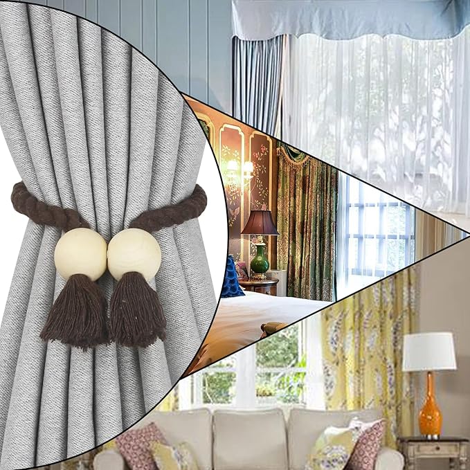 6 Pack Magnetic Curtain Tiebacks Cotton Hand Woven Tie Back Decorative Rope Holdbacks for Curtains Draperies No Tools Required, Coffee