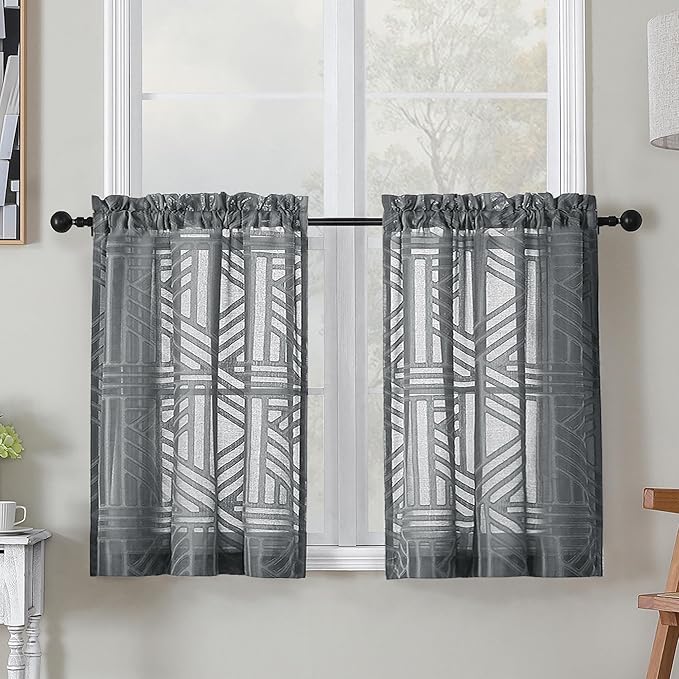 Simplebrand Semi Sheer Charcoal Grey Curtains 30 Inch Length 2 Panels, Geometric Jacquard Clip Textured Short Sheer Curtains for Bedroom，Modern Elegant Window Curtains/Drapes/Treatment，30x30 inch