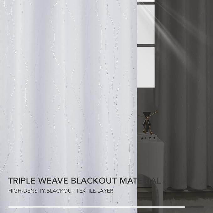Deconovo Kitchen Curtains, Room Darkening Drapes, Thermal Insulated Soundproof Grommet Drape, Silver Wave Dots Print, 42 x 45 Inch, Machine Washable Window Panels for Small Windows Nursery, Set of 2