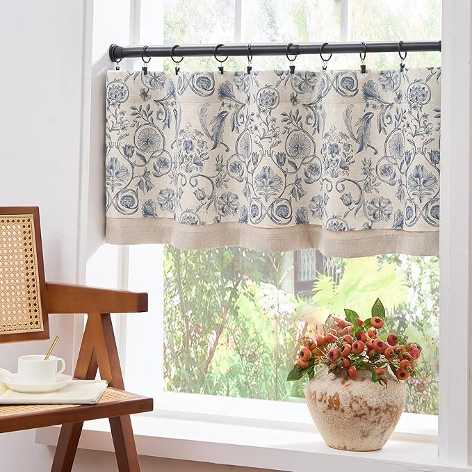 jinchan Linen Valance Kitchen Curtain for Windows Double Layer 18 Inch for Living Room Bedroom Window Treatment Light Filtering Vintage Rustic Farmhouse Cottagecore Rod Pocket 1 Panel Blue on Beige