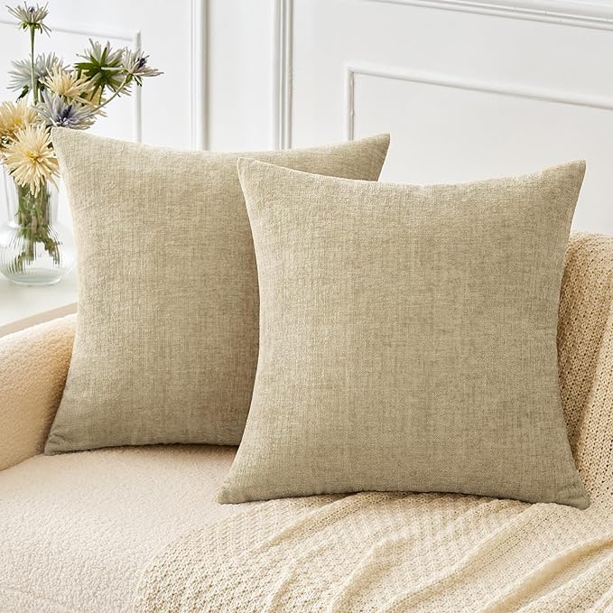 MIULEE Pack of 2 Beige Throw Pillow Covers 18x18 Inch Soft Chenille Pillow Covers for Sofa Living Room Spring Home Decor Couch Solid Dyed Cases Not Pillow Inserts
