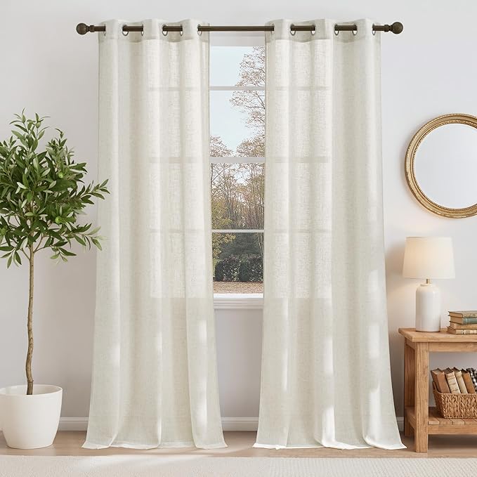 NICETOWN Linen Blend Living Room Curtains 84 inches Long, Grommet Flax Linen Burlap Semi Sheer Drapes Privacy with Light Through Window Treatments for Bedroom/Kids Room, W36 x L84