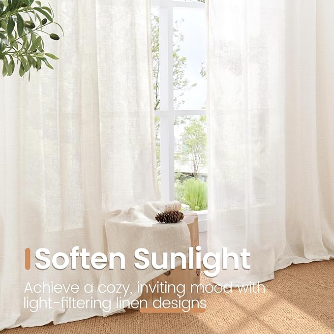 BGment Linen Curtains 40 Inch Length for Kitchen Cafe Window - Rod Pocket Ivory Semi Sheer Drapes Natural Light Filtering for Bedroom Bathroom Lightweight Rustic, 2 Panels Set, 42 X 40 Inch