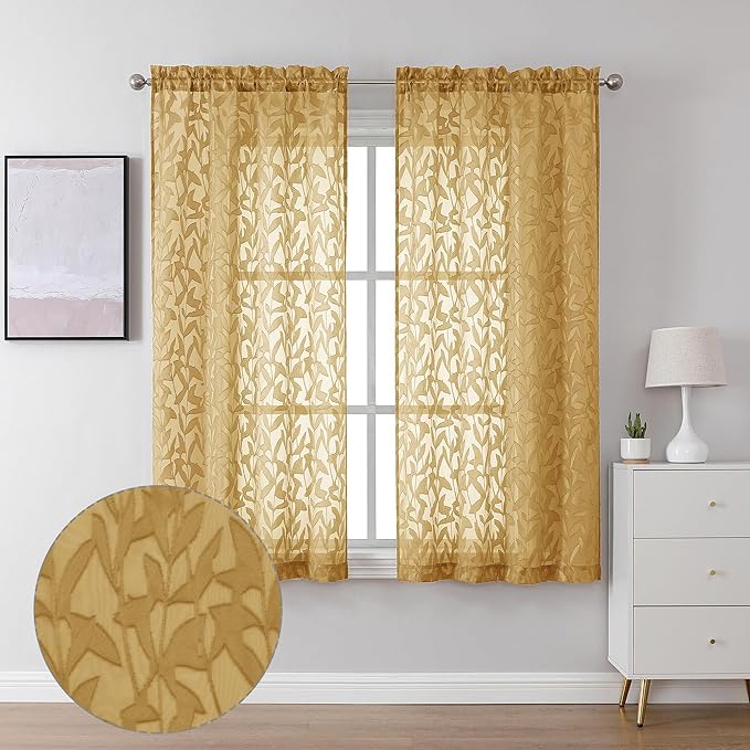 Lecloud Leia Dark Gold Sheer Curtains 63 Inch Length 2 Panels, Light Filtering Jacquard Leaf Textured Voile Window Curtains with Dual Rod Pockets, Living Room Bedroom Window Drapes, 40 W x 63 L
