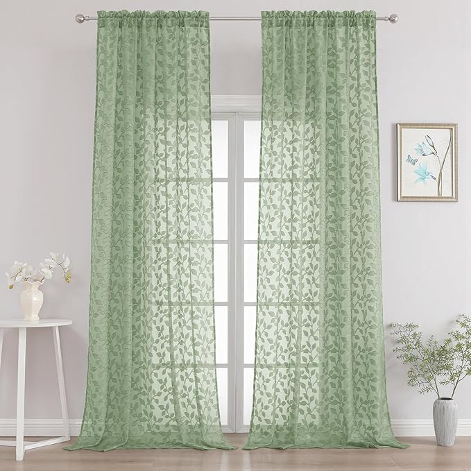 Chyhomenyc Extra Long Sage Green Sheer Curtains 108 Inch Length 2 Panels Set, Light Filtering Tufted Textured Soft Airy Rod Pocket Leaf Window Treatment Drapes for Living Room, 52" Wx108 L, 2PCS
