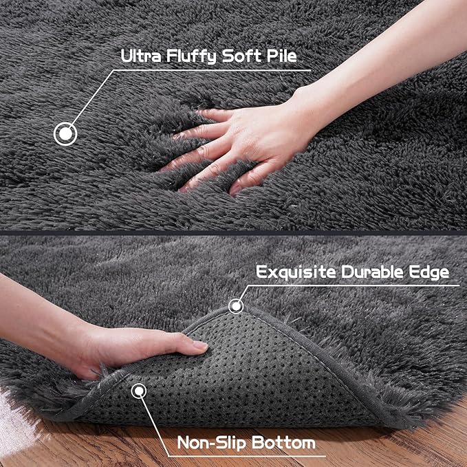 Pionblank Fluffy Small Rug for Bedroom 2x3 Feet, Shag Soft Area Rug for Bedside, Modern Plush Cute Carpet for Kids Girls Boys Room Nursery Decor, Charcoal Grey