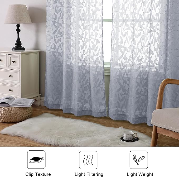 Lecloud Leia Light Grey Sheer Curtains 96 Inches Long 2 Panels, Jacquard Leaves Textured French Door Curtains Dual Rod Pockets, Farmhouse Living Room Bedroom Drapes Window Treatments, 40 W x 96 L