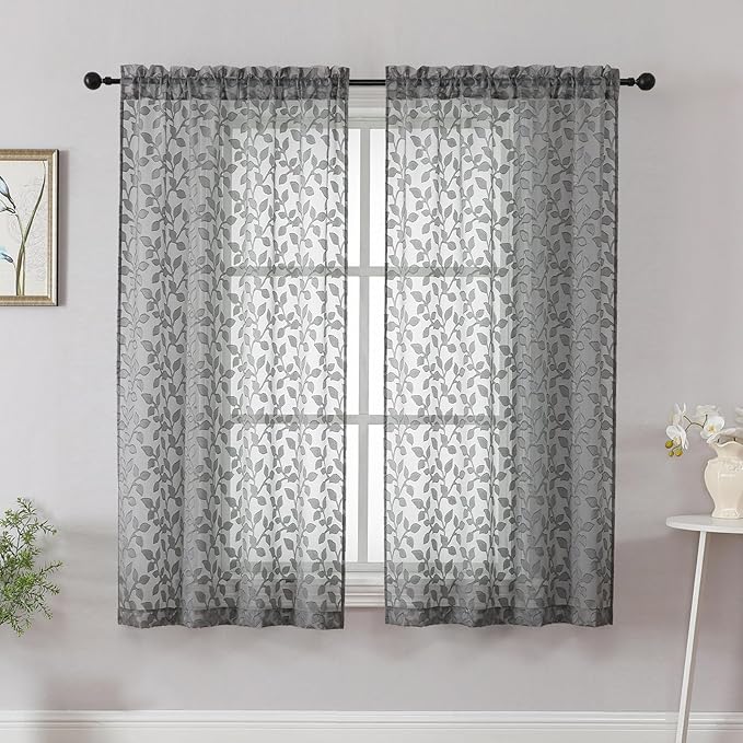 Chyhomenyc Charcoal Grey Short Curtains 45 Inch Length 2 Panels, Light Filtering Leaf Textured Window Curtain Panels for Bedroom Living Room, Elegant Rod Pocket Farmhouse Curtains, 30" Wx45 L, 2 PCS
