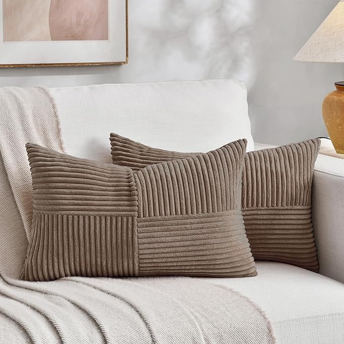 Fancy Homi Set of 2, Light Brown Patchwork Corduroy Decorative Soft Striped Modern Accent Cushion Case Farmhouse Boho Neutral Throw Pillow Covers for Chair Couch Bed Sofa Living Room 24x14 Inch