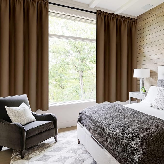 DWCN Blackout Curtains – Thermal Insulated, Energy Saving & Noise Reducing Bedroom and Living Room Curtains, Brown, W 42x L 63 Inch, Set of 2 Rod Pocket Curtain Panels