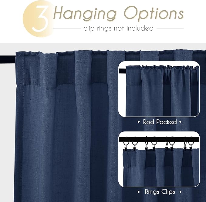 Navy Blue Curtains 120 inch Length for Bedroom Back Tab Light Filtering Semi Sheer Blue Living Room Curtains Linen Cotton Textured Indigo Blue Drapery Panel Modern Farmhouse Aesthetic Decor Dark Blue
