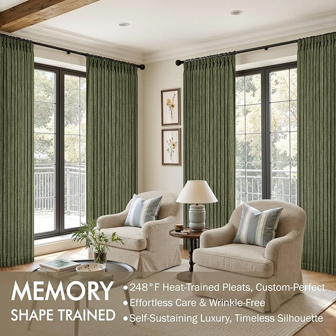 MIULEE Olive Green Pinch Pleated Thick Linen Curtains 84 Inches Long 2 Panels for Living Room Bedroom, Linen Texture Memory Trained Drapes Pleat Back Tab Semi Sheer Moss Green Track System Curtains