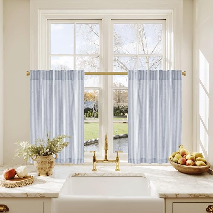 RYB HOME Kitchen Curtains 36 inch Length for Cafe Bathroom Small Window, Striped Linen Pinstripe Drapes Valance Boho Rustic for Living Room Short Tier Farmhouse, Blue, W26 x L36, 2 Panels