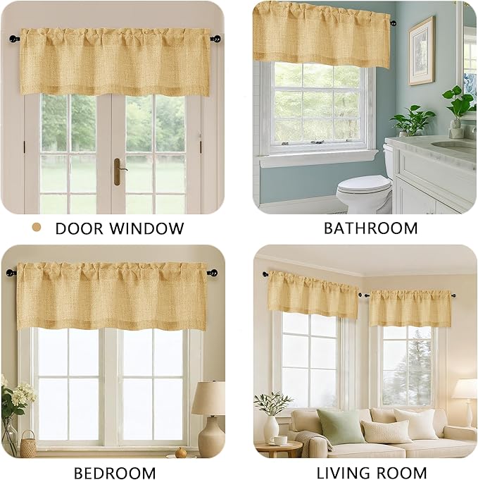 OVZME Valance for Windows, Light Filtering Faux Linen Textured Small Short Valance Kitchen Curtain, Dual Rod Pocket Top Short Window Curtain for Bathroom Basement Farmhouse, 52Wx14L Inch, Gold