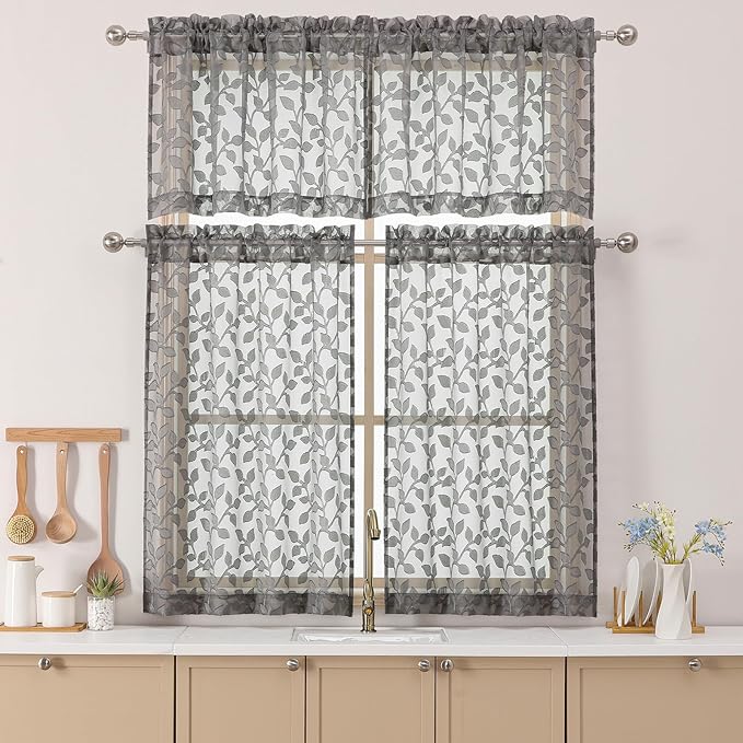 Chyhomenyc Charcoal Grey Sheer Valances for Windows 18 Inch Length 2 Pcs, Light Filtering Leaf Textured Cafe Short Kitchen Curtains, Top Small Curtain for Living Room Bedroom Basement, 42" W x 18" L
