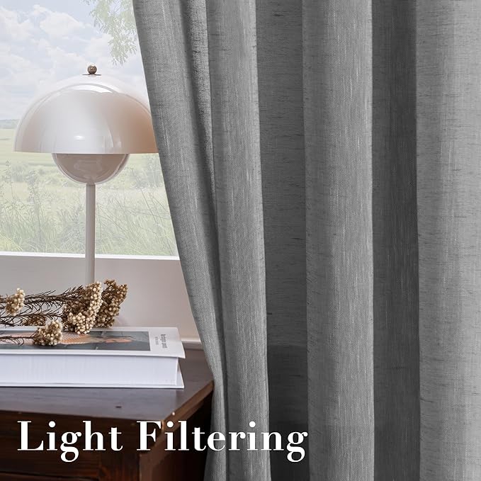 H.VERSAILTEX Linen Curtains Nickel Grommet Natural Linen Semi-Sheer Curtains 2 Panels Privacy Added Premium Soft Rich Material Drapes for Bedroom/Living Room - 37x63 Inch- Charcoal Grey