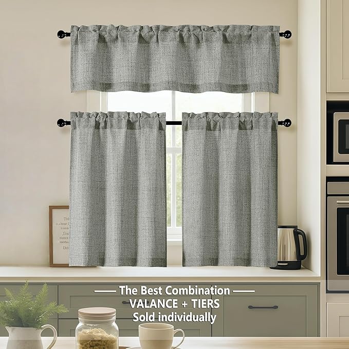OVZME Valance for Windows, Light Filtering Faux Linen Textured Small Short Valance Kitchen Curtain, Dual Rod Pocket Top Short Window Curtain for Bathroom Basement Farmhouse, 52Wx12L Inch, Dark Grey