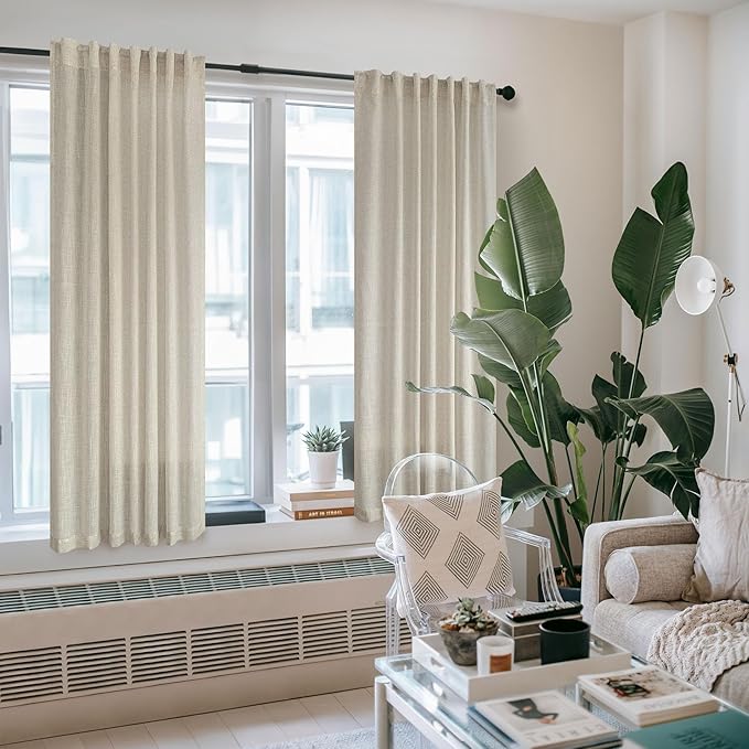 Pitalk Beige Sheer Curtains 80 Inch Length for Living Room 2 Panel Back Tab Rod Pocket Neutral Rustic Modern Farmhouse Semi Privacy Flax Linen Drape Pleated Curtain for Bedroom Wide 52x80 Long Curtain