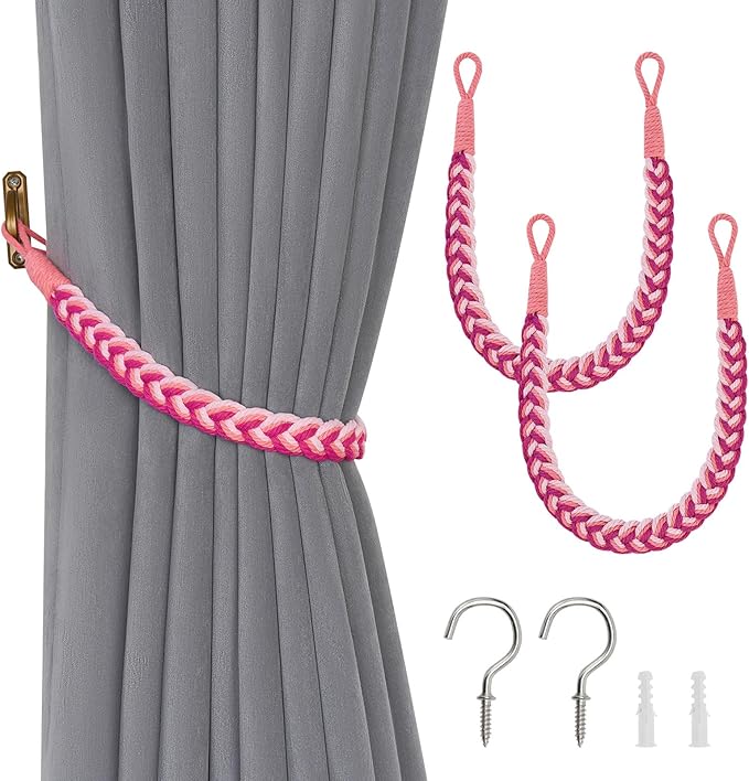 NICEEC 2 Pack Natural Cotton Rope Curtain Tiebacks Elegant Boho Style Decorative Drape Tie Backs Soft Hand-Woven Rope Curtain Holdbacks with Metal Hook for Home & Office Drapery (Gradient Red)
